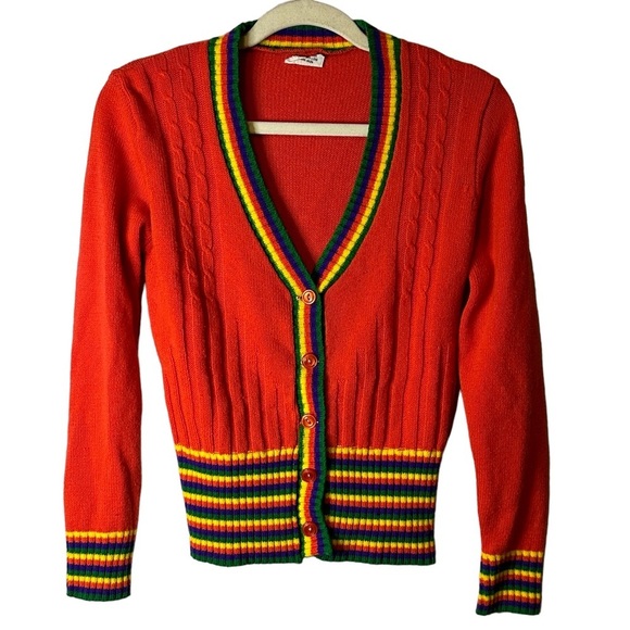 Vintage Sweaters - Vintage Starlight Trading Inc Rainbow Striped Button Cardigan 100% Acrylic Korea